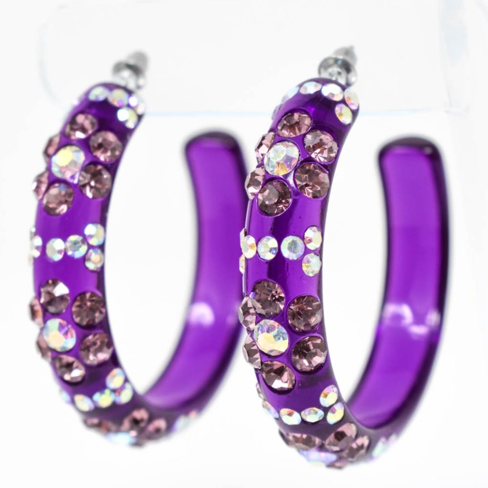 2" Flower Pattern Purple Lucite Rhinestone Hoops